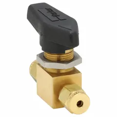 This PARKER manual two-way ball valve is a 1/8 in brass, straight-pattern, one-piece design with compression x compression ends. It features a lever handle for on/off flow control. Typical applications include instrumentation and process systems for pneumatic, hydraulic, and sampling lines where compact size and reliable shut-off are required.