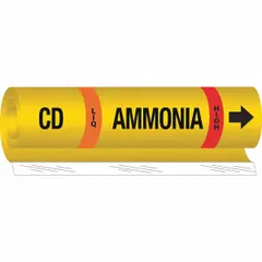 Ammonia wrap-around pipe marker for identifying CD (Condenser) line in LIQ phase at High pressure. Fits pipe O.D. 2-1/2 to 7-7/8 in. Includes directional arrows for flow indication. Suitable for marking ammonia piping in industrial refrigeration systems.