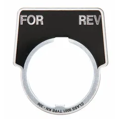 Half-round legend plate for 30 mm panel mounting. Black background with silver metallic aluminum construction and English 'Forward-Reverse' marking. Overall height 2 in, overall width 1 3/4 in. Used to label push-button stations in industrial control panels.