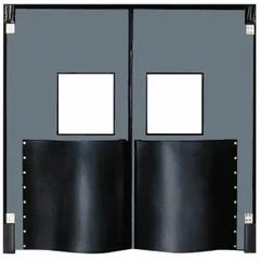 This CHASE insulated swinging door features two gray polyethylene doors, each 8 ft wide and 9 ft high, with an included polycarbonate window. It comes with door seals, bumpers, and mounting hardware, and meets NSF standards. Suitable for temperature-controlled environments such as cold storage and food processing facilities.