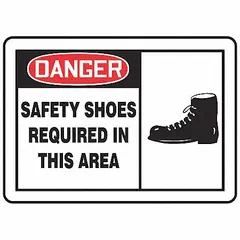 Adhesive-mount vinyl sign, 3 1/2 in x 5 in nominal size, 0.02 in thick. Sold in a 5-pack for marking areas where safety shoes are mandatory. Not retroreflective, not glow-in-the-dark, no anti-slip surface.