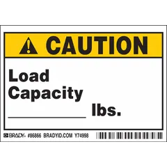 Polyester adhesive signs for indicating load capacity limits. Nominal size 3 1/2 in x 5 in, 0.01 in thick. Not retroreflective or glow-in-the-dark. Suitable for application on equipment, shelving, or platforms to warn against overloading.