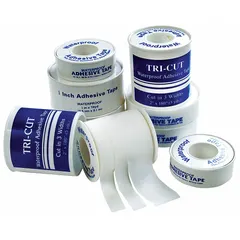Non-sterile, non-elastic cloth tape with waterproof adhesive. Latex-free and meets FDA standards. Each roll is 2 inches wide and 5 yards long. Supplied in a bulk 288-pack for securing dressings and bandages in clinical or industrial first-aid settings.