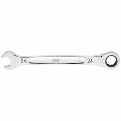 This chrome-finished steel wrench features a 24 mm 12-point ratcheting box end and an open end for tightening or loosening fasteners. With a 12 3/8 in overall length, it is suited for general assembly, maintenance, and repair tasks in industrial settings.