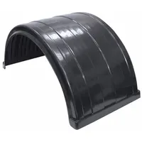 This semi rear fender is made of polyethylene with a ribbed finish and measures 26 1/2 inches in width. It features bolt-on mounting for secure attachment. Commonly used on trailers, trucks, and heavy equipment to reduce debris and spray