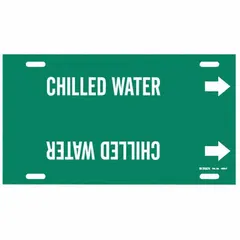 Green strap-on pipe marker with white legend reading 'Chilled Water' and directional arrows. Fits pipe outer diameters of 6 to 7-7/8 inches. Used to identify pipes carrying chilled water in HVAC and process systems, aiding in safety and maintenance.