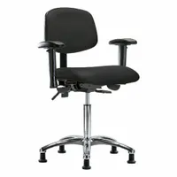 This vinyl lab chair includes arms and an aluminum base. Seat width is 18 1/2 inches, seat depth is 17 inches, and height adjusts from 21 1/2 to 29 inches. Back tilts forward 10.5° and backward 13.5°. Not ESD safe. Suitable for laboratory and industrial workstations requiring ergonomic support