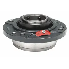Flange-mount spherical roller bearing with a 2 15/16 in cylindrical bore, cast iron housing, and set-screw locking. Lubricated with lithium complex grease. Mounting bolt size is 5/8 in. Overall length is 8 3/4 in. Suitable for supporting radial and moderate axial loads in industrial machinery such as conveyors, fans, and material handling systems.