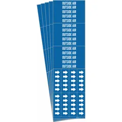 Blue adhesive pipe markers with white 'Outside Air' legend and flow-direction arrows. Each pack contains 5 markers that fit pipe O.D. of 3/4 in and smaller. Used to identify HVAC or ventilation pipes carrying outside air in industrial and commercial facilities.
