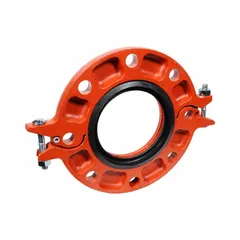 This 12-inch grooved pipe flange is constructed from ductile iron with an EPDM seal, rated for a maximum operating pressure of 300 psi. It measures 21 3/4 inches in length and features a grooved design for mechanical joining without welding. Used in industrial piping systems for water supply, fire protection, and HVAC applications.