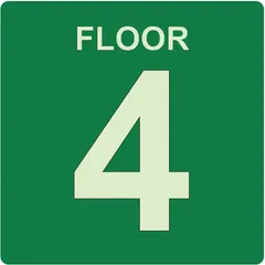 This adhesive floor sign is made of plastic with a nominal size of 8 in x 8 in. It features photoluminescent properties for glow-in-the-dark visibility and is not retroreflective. Suitable for marking emergency exits, pathways, or hazards in low-light environments.
