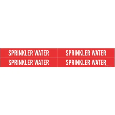BRADY Pipe Marker: Sprinkler Water, Red, White, Fits 3/4 to 2 3/8 in Pipe O.D. - Sprinkler Water Adhesive Pipe Markers