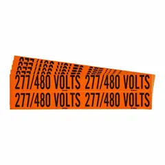 Self-stick vinyl markers for identifying conduit and voltage. Legend reads '277/480 Volts'. Label size 4 1/8 in width by 1 1/8 in height, Label Style B. Sold as a 5-pack. Used in electrical installations for voltage identification.