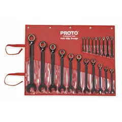 This 20-piece SAE 12-point ratcheting combination wrench set includes sizes from 7/32 in to 1-1/2 in. Wrenches feature offset and reversing functionality for access in confined spaces. Constructed from alloy steel with a black chrome finish. Supplied in a tool roll for organized storage.