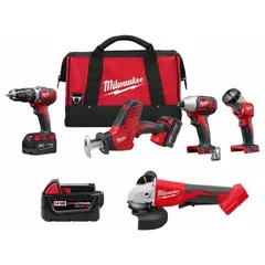 This cordless combination kit includes five 18 V DC tools, two batteries (model 48-11-1850), and a charger. Suitable for drilling, driving, cutting, and fastening tasks in construction, maintenance, and industrial settings.