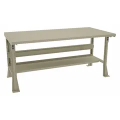 Steel open-base workstation with a fixed height, measuring 72 in x 36 in in tan finish. Supports an overall load capacity of 1,800 lb. Suitable for assembly, maintenance, and general industrial workstations in factories, warehouses, and labs.