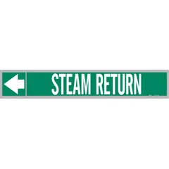 Green fiberglass carrier-mounted pipe marker with white 'Steam Return' legend and directional arrows. Fits pipe outer diameters from 2-1/2 to 6 inches. Pack of 25 markers with strapping for secure attachment. Used to identify steam return lines in piping systems.