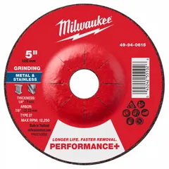 This MILWAUKEE grinding wheel is a Type 27 high-performance wheel designed for carbon and stainless steel. It measures 5" x 1/4" x 7/8" and features 24-grit zirconia alumina abrasive for fast material removal. Commonly used for weld preparation, deburring, and surface blending in fabrication and maintenance applications.