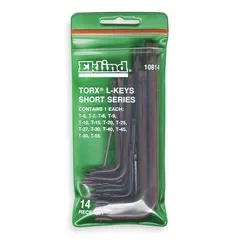 14-piece L-shaped Torx and Torx Plus key set with tip sizes T6, T7, T8, T9, T10, T15, T20, T25, T27, T30, T40, T45, T50, and T55. Black Oxide finish. Used for tightening or loosening Torx and Torx Plus fasteners in industrial assembly, maintenance, and repair applications.