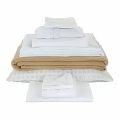 Bedding and bath linen set in beige and white color combination. Includes one standard pillow case. Suitable for residential or hospitality use for twin-size mattresses.