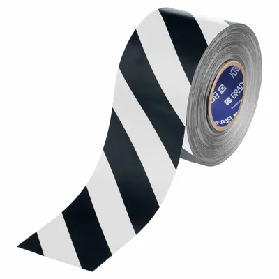 BRADY Floor Marking Tape: Striped, Black/White, 4 in x 100 ft, 22 mil Tape Thick - Extra-Durable Floor Marking Tape
