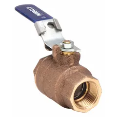 Bronze straight ball valve with full port, two-piece body, and FNPT x FNPT connections. Includes lever handle and blue dust cap with chain. Used for on/off or flow control in commercial and light industrial piping systems handling water, oil, or gas.