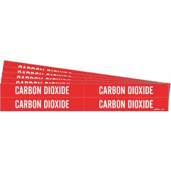 Red adhesive pipe marker with white 'Carbon Dioxide' legend for identifying CO₂ lines. Fits pipe outer diameters from 3/4 to 2-3/8 inches. Pack includes 4 markers without directional arrows, sold in a 5-pack configuration. Suitable for industrial piping systems requiring clear gas content identification.