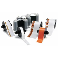 This labeling kit includes two black ribbon cartridges, a 4 in x 6 in label roll with ANSI Caution Header, and a roll of 4.25 in x 50 ft heavy duty polyester tags. It is compatible with S3100 and S3700 printer series. Suitable for general industrial labeling and identification tasks such as safety signage, pipe marking, and asset tracking.