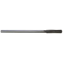 This chucking reamer features a 13/64 in (0.2031 in) diameter and is made from high-speed steel with a spiral flute design. It is used for precision sizing and finishing of pre-drilled holes in metalworking, suitable for use in drill presses, milling machines, or lathes.