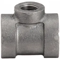 Threaded x Threaded x Threaded, Class 125, cast iron. Maximum operating pressure 175 psi @ -20° to 150°F. Used to connect three threaded pipes in low-pressure water or air lines.