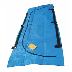 Vinyl body bag with a 2-way zipper and two pull tabs for secure closure and easy access. Blue color. Overall length 92-1/2 inches, width 36 inches. Used for the transport and storage of deceased individuals in healthcare, mortuary, and emergency response settings.