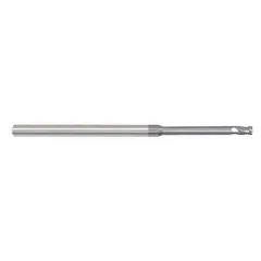 This carbide corner-chamfer end mill features a reduced neck for fast cutting in steel and cast iron. With AlTiN coating, 4 flutes, 1/8" mill diameter, and 1/4" length of cut, it is used for chamfering edges, deburring, and creating 45-degree corner breaks in machining operations.