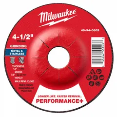 This MILWAUKEE grinding wheel is a Type 27 wheel with dimensions 4-1/2" x 1/4" x 7/8". It features zirconia alumina abrasive with 24 grit, designed for use on carbon and stainless steel. Commonly used in metal fabrication, welding, and maintenance for fast material removal and long life.