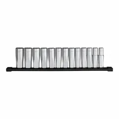This metric impact socket set from MILWAUKEE includes 12-point deep well sockets ranging from 12 mm to 24 mm with a 1/2 in drive. The friction retention design secures sockets on impact tools. Suitable for heavy-duty fastening in industrial maintenance, assembly, and repair applications.