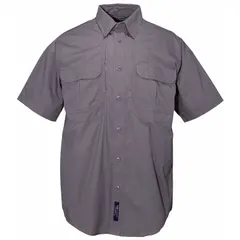 This men's tactical collared work shirt is made from cotton in Charcoal. It features a button front and short sleeves. Suitable for security, law enforcement, and field service professionals requiring durable, breathable clothing.