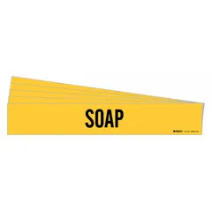 Yellow adhesive pipe marker with black legend text reading 'Soap'. Designed for pipes with an outer diameter of 8 inches and larger. Each pack contains 5 markers, each without directional arrows. Used to identify soap lines in piping systems.