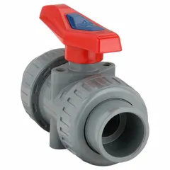 This two-piece CPVC ball valve features a straight body with socket x FNPT connections and a lever handle for manual on/off control. It is suited for fluid-handling systems requiring corrosion resistance, such as chemical processing, water treatment, and plating lines.