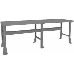 This open-base workstation from TENNSCO features a steel top measuring 96 inches by 30 inches in a gray finish. It has a fixed height and an overall load capacity of 4,000 lb, suitable for heavy-duty assembly, maintenance, and inspection tasks in industrial environments.