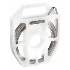 This 316 stainless steel strapping is used for heavy-duty fastening, bundling, and securing industrial components such as pipes, cables, and hoses. It offers corrosion resistance and a break strength of 1,200 lb, suitable for harsh environments. The strapping is 50 ft long and gray in color.
