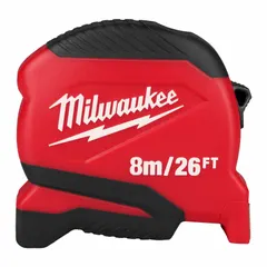 This 26 ft / 8 m tape measure features a plastic housing in black and red. The blade includes 1/16 in increments and Metric/SAE markings for dual-unit readings. It is equipped with a nonmagnetic single hook tip, finger brake, and manual lock. Suitable for general measuring tasks in construction and maintenance.