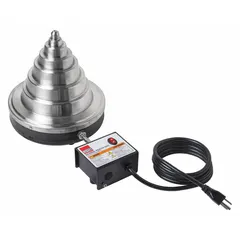 Induction heater for expanding bearings prior to shaft installation. Accommodates bearing bore diameters from 3/8 in to 8 1/4 in. Operates on 120V and draws 15 A. Non-portable unit; control box not included.