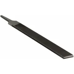 Rectangular hand file with a straight double-cut pattern and single edge cut. Bastard cut for aggressive material removal. Black oxide finish. Dimensions: 10 in length without tang, 1 in width, 15/64 in thickness. Suitable for general metalworking and deburring on flat surfaces.