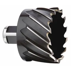 Black oxide high-speed steel annular cutter with 2 3/16 in diameter and 1 in max cutting depth. Features a Weldon Flat shank for use with magnetic drill presses or portable drilling machines. Suitable for general cutting of ferrous metals in structural steel, plate, and pipe applications.