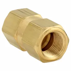 This brass poppet check valve features an inline valve body with FNPT x FNPT connections for 3/8 in pipe size. It is used to prevent backflow in low-pressure water, air, and light oil systems. The spring-loaded poppet design ensures reliable one-way flow control.