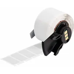 Precut label roll measuring 1 in x 2 in, constructed from metalized polyester with a metal-detectable feature and gray finish. Compatible with the Brady BMP71 printer when used with a media adapter. Suitable for industrial labeling in environments where metal detectability is required, such as food processing or pharmaceutical facilities.