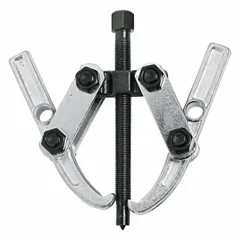 Reversible jaw puller with 2-ton pulling capacity, 4-inch jaw spread, 3 1/4-inch jaw reach, and 0.25-inch jaw thickness. Features 3/8-24 thread size. Used for removing gears, bearings, pulleys, and other press-fit components in maintenance and repair applications.