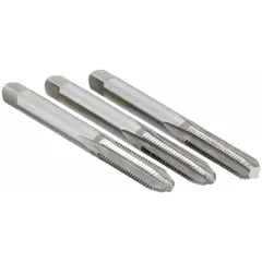 This three-piece hand tap set includes taper, plug, and bottoming taps for creating or repairing #10-32 UNF internal threads in metal parts. Each tap is made from high-speed steel with 4 flutes and H3 / 2B thread class. Suitable for progressive thread cutting in maintenance, repair, and production applications.
