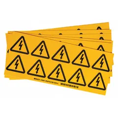 Adhesive-mounted vinyl signs featuring a triangle electric hazard symbol. Each sign measures 2 x 2 inches with a thickness of 0.004 inches. Pack of 100. Suitable for indoor use on equipment, panels, or walls to indicate electrical hazards.