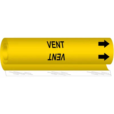 BRADY Pipe Marker: Vent, Yellow, Black, Fits 2 1/2 to 7 7/8 in Pipe O.D., 1 Pipe Markers - Vent Wrap-Around Pipe Markers