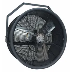 This FOSTORIA high-velocity industrial fan features a 28-inch blade and 1 hp motor, operating on 277V AC. It is a single-speed, non-oscillating model with a yoke mount for wall or ceiling installation. Designed for spot cooling and air circulation in large spaces such as warehouses, factories, and workshops.